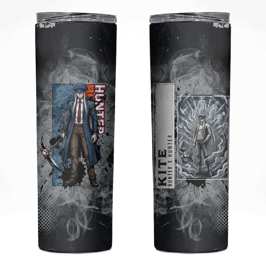 Chrollo Theme Gray Ink Splash Design Skinny Tumbler with Cross Weapon and Monochrome Aura Artwork - The Mazicc
