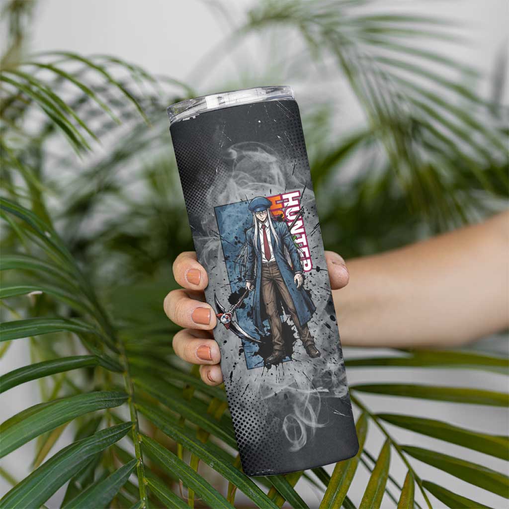 Chrollo Theme Gray Ink Splash Design Skinny Tumbler with Cross Weapon and Monochrome Aura Artwork - The Mazicc