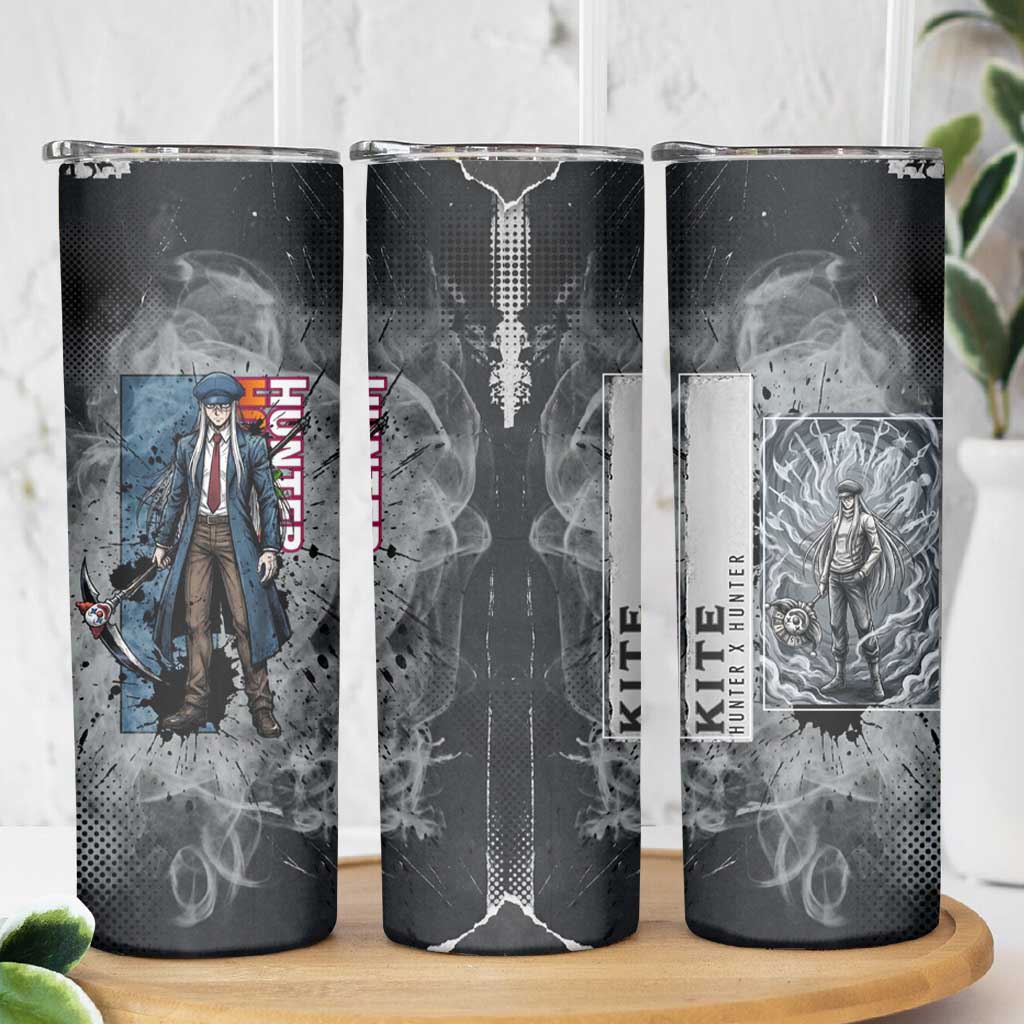 Chrollo Theme Gray Ink Splash Design Skinny Tumbler with Cross Weapon and Monochrome Aura Artwork - The Mazicc