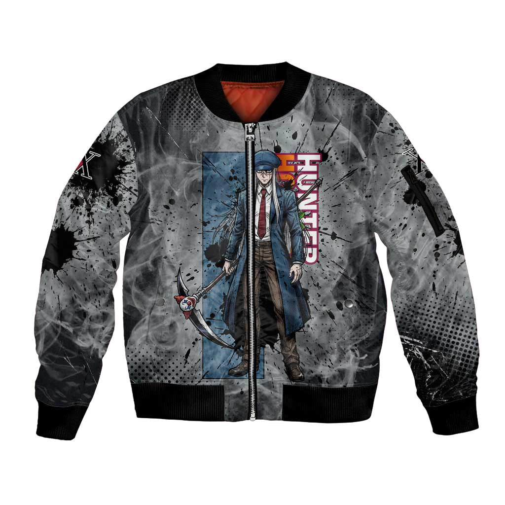 Chrollo Theme Gray Ink Splash Design Sleeve Zip Bomber Jacket with Cross Weapon and Monochrome Aura Artwork - The Mazicc