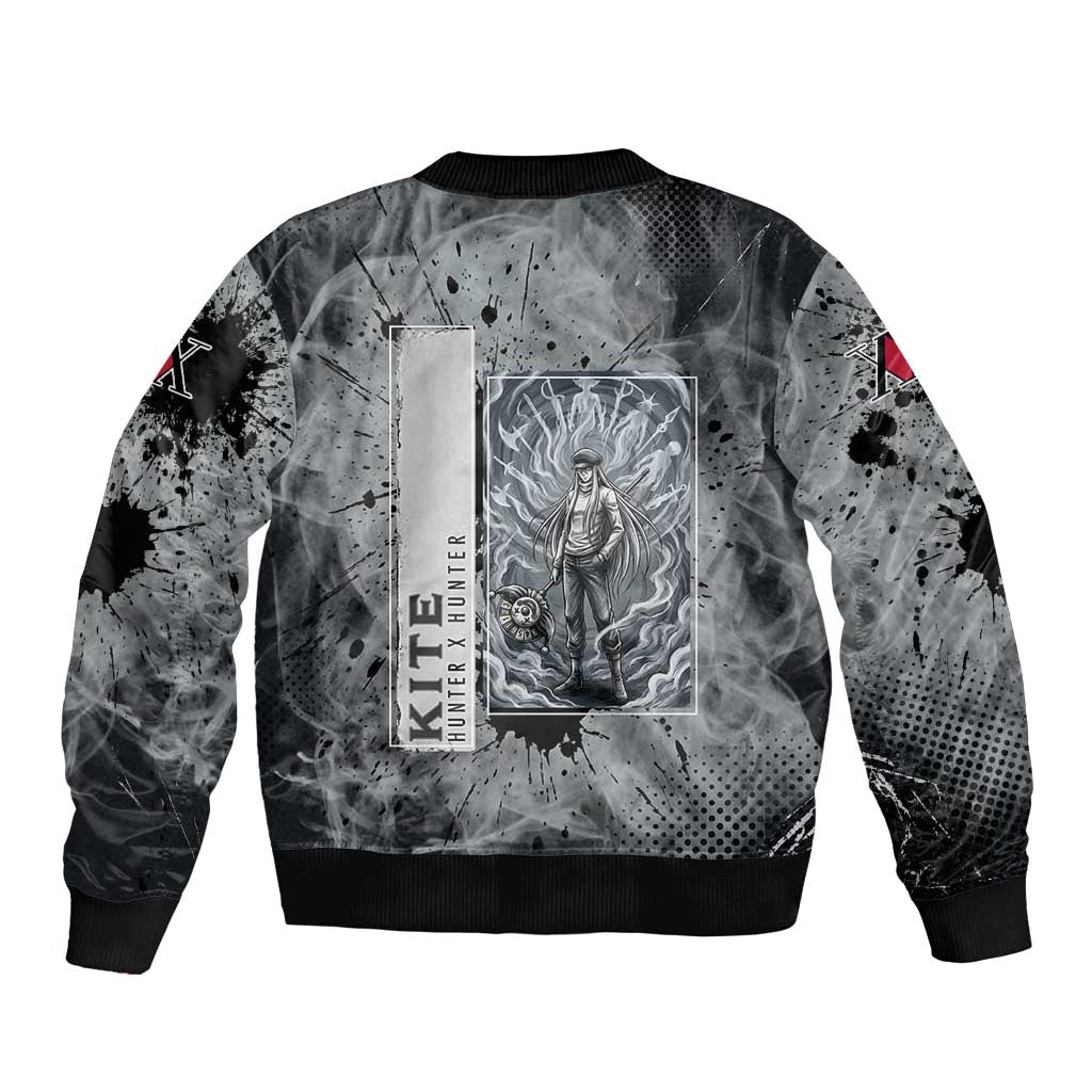 Chrollo Theme Gray Ink Splash Design Sleeve Zip Bomber Jacket with Cross Weapon and Monochrome Aura Artwork - The Mazicc