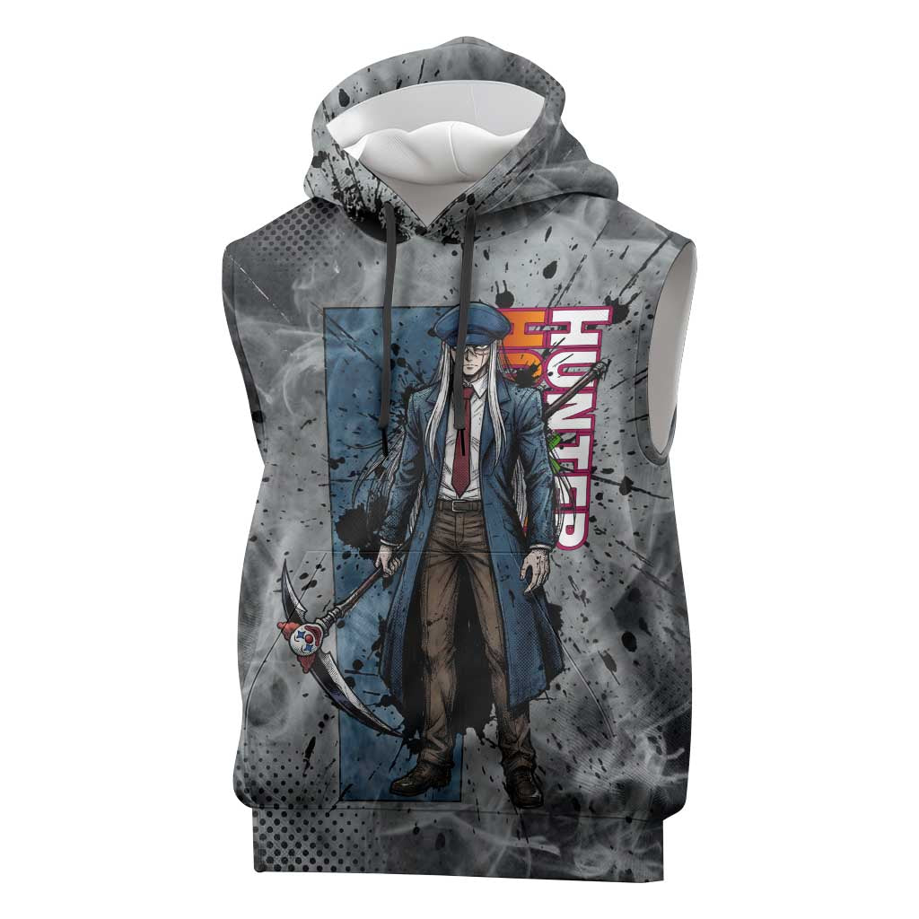 Chrollo Theme Gray Ink Splash Design Sleeveless Hoodie with Cross Weapon and Monochrome Aura Artwork - The Mazicc