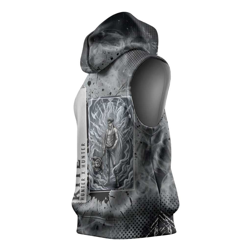 Chrollo Theme Gray Ink Splash Design Sleeveless Hoodie with Cross Weapon and Monochrome Aura Artwork - The Mazicc