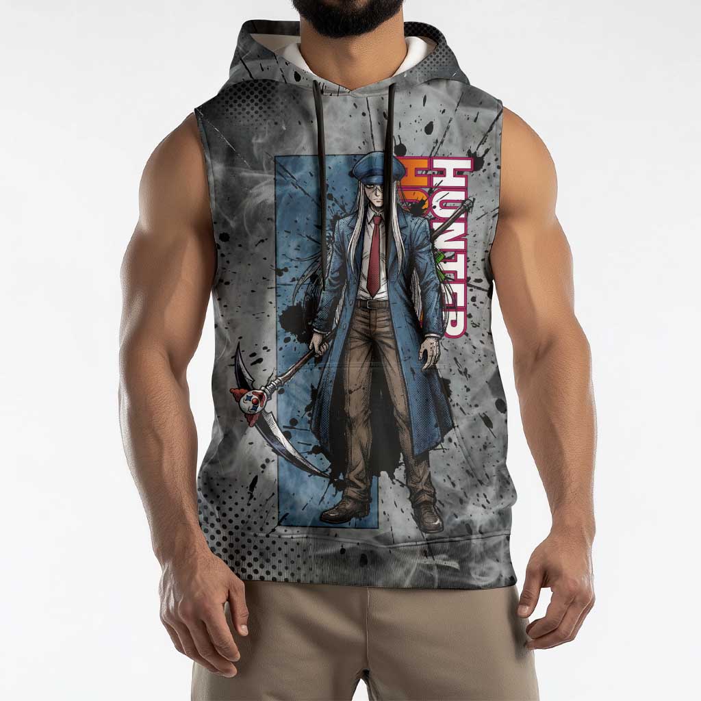 Chrollo Theme Gray Ink Splash Design Sleeveless Hoodie with Cross Weapon and Monochrome Aura Artwork - The Mazicc