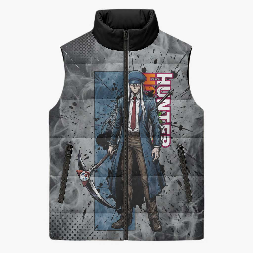 Chrollo Theme Gray Ink Splash Design Sleeveless Puffer Jacket with Cross Weapon and Monochrome Aura Artwork - The Mazicc