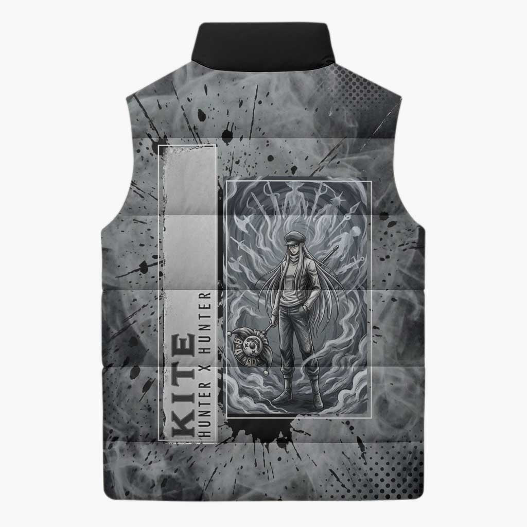 Chrollo Theme Gray Ink Splash Design Sleeveless Puffer Jacket with Cross Weapon and Monochrome Aura Artwork - The Mazicc