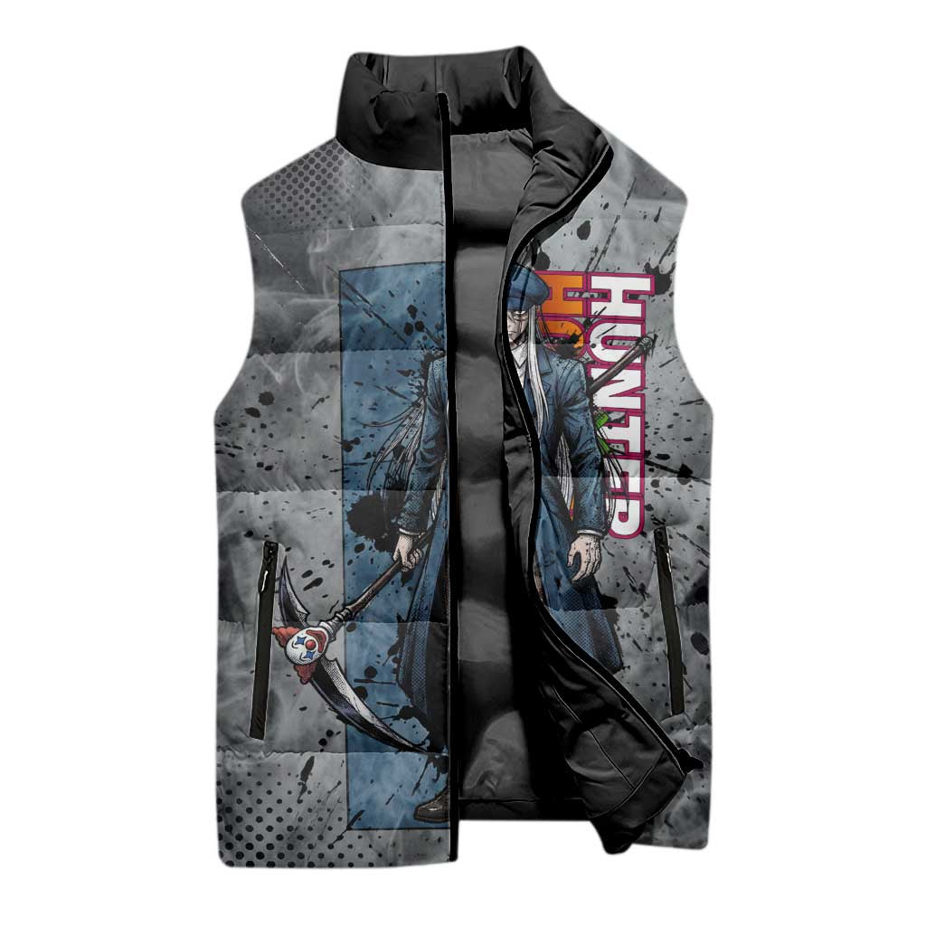 Chrollo Theme Gray Ink Splash Design Sleeveless Puffer Jacket with Cross Weapon and Monochrome Aura Artwork - The Mazicc