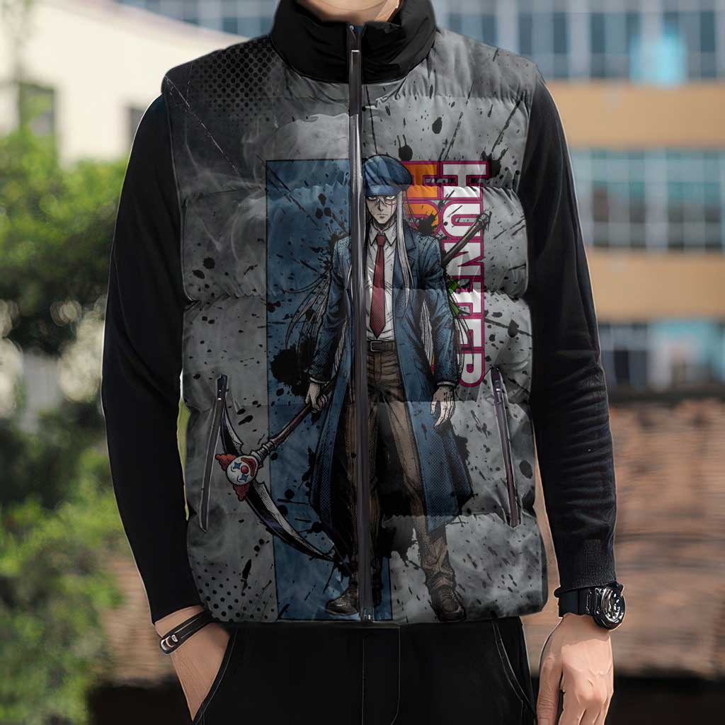 Chrollo Theme Gray Ink Splash Design Sleeveless Puffer Jacket with Cross Weapon and Monochrome Aura Artwork - The Mazicc