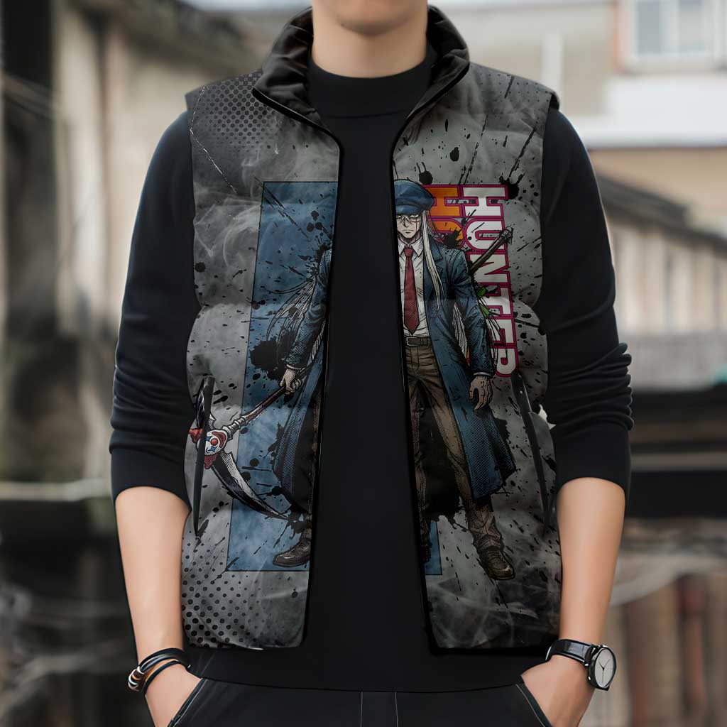 Chrollo Theme Gray Ink Splash Design Sleeveless Puffer Jacket with Cross Weapon and Monochrome Aura Artwork - The Mazicc