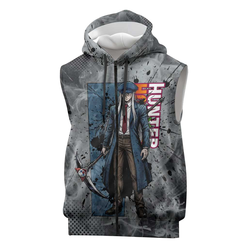 Chrollo Theme Gray Ink Splash Design Sleeveless Zip Hoodie with Cross Weapon and Monochrome Aura Artwork - The Mazicc