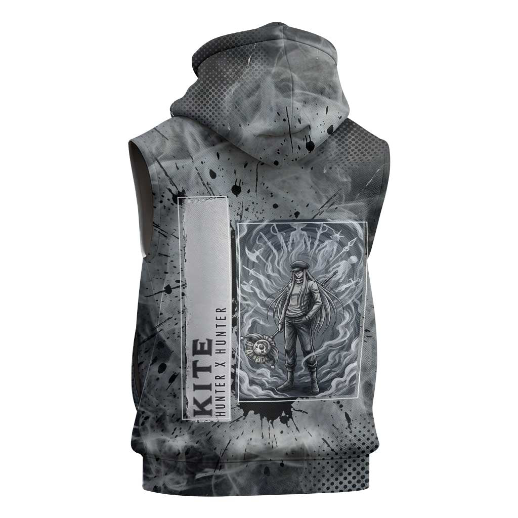 Chrollo Theme Gray Ink Splash Design Sleeveless Zip Hoodie with Cross Weapon and Monochrome Aura Artwork - The Mazicc