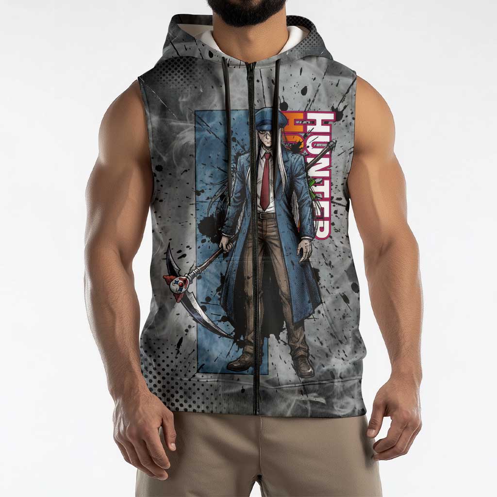 Chrollo Theme Gray Ink Splash Design Sleeveless Zip Hoodie with Cross Weapon and Monochrome Aura Artwork - The Mazicc