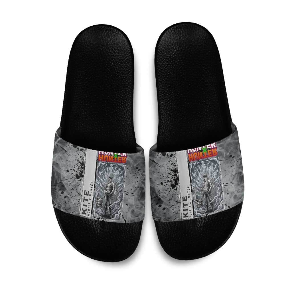 Chrollo Theme Gray Ink Splash Design Slide Sandals with Cross Weapon and Monochrome Aura Artwork - The Mazicc