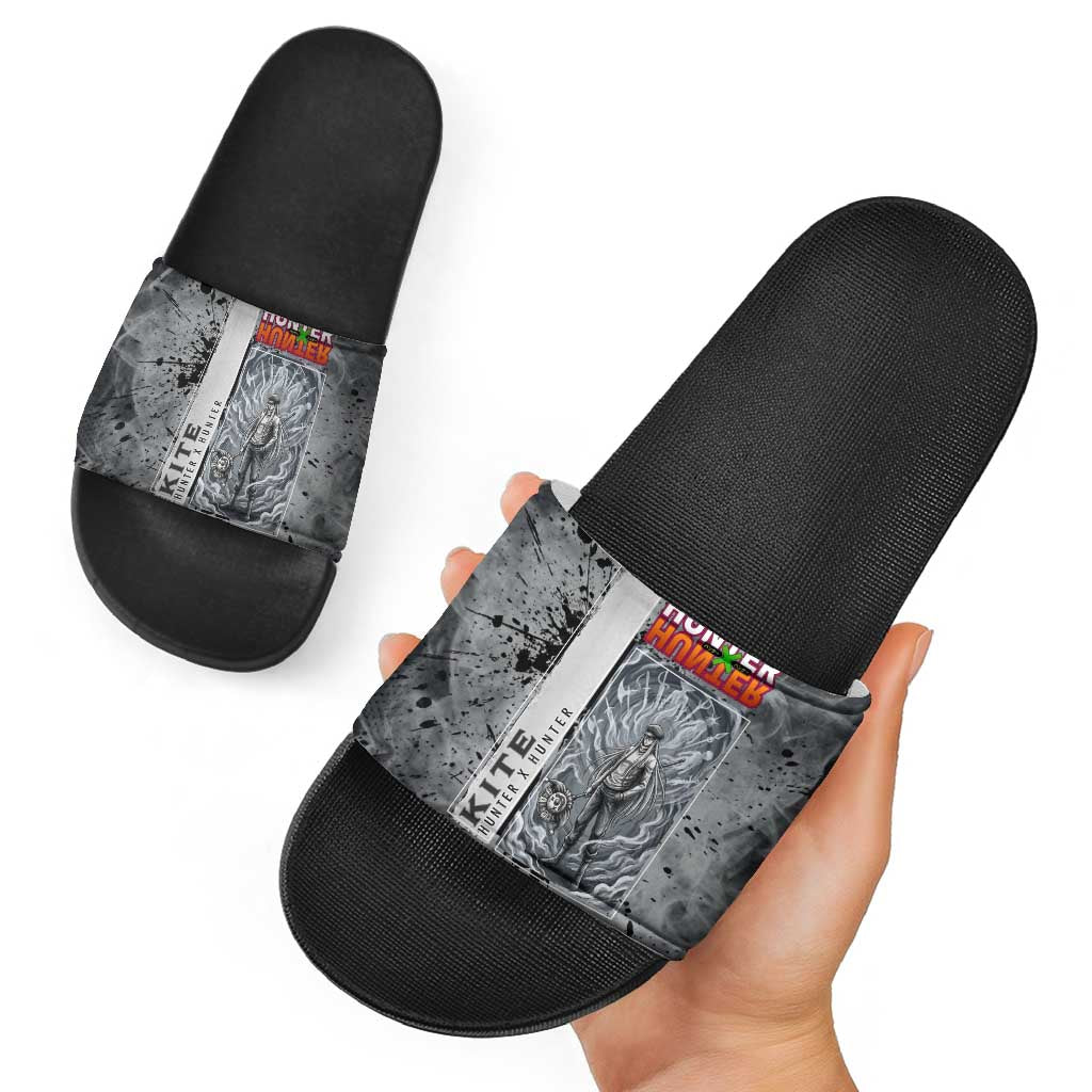 Chrollo Theme Gray Ink Splash Design Slide Sandals with Cross Weapon and Monochrome Aura Artwork - The Mazicc