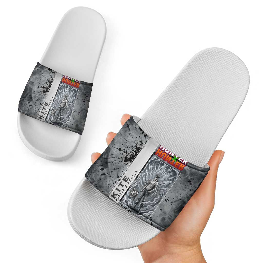 Chrollo Theme Gray Ink Splash Design Slide Sandals with Cross Weapon and Monochrome Aura Artwork - The Mazicc