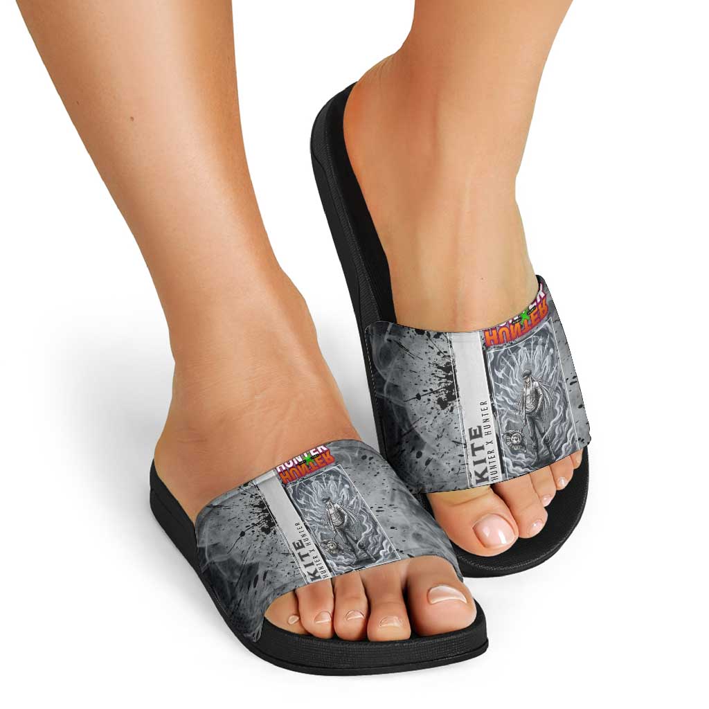 Chrollo Theme Gray Ink Splash Design Slide Sandals with Cross Weapon and Monochrome Aura Artwork - The Mazicc
