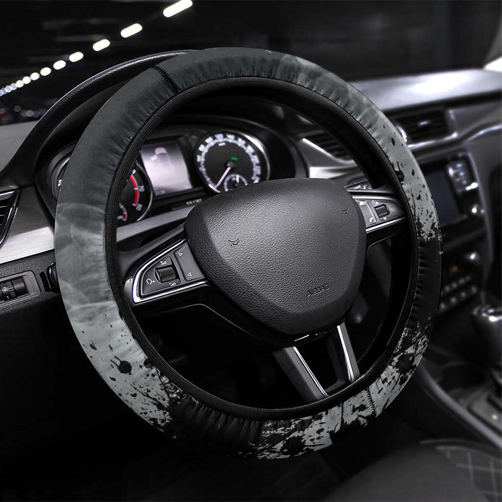 Chrollo Theme Gray Ink Splash Design Steering Wheel Cover with Cross Weapon and Monochrome Aura Artwork - The Mazicc