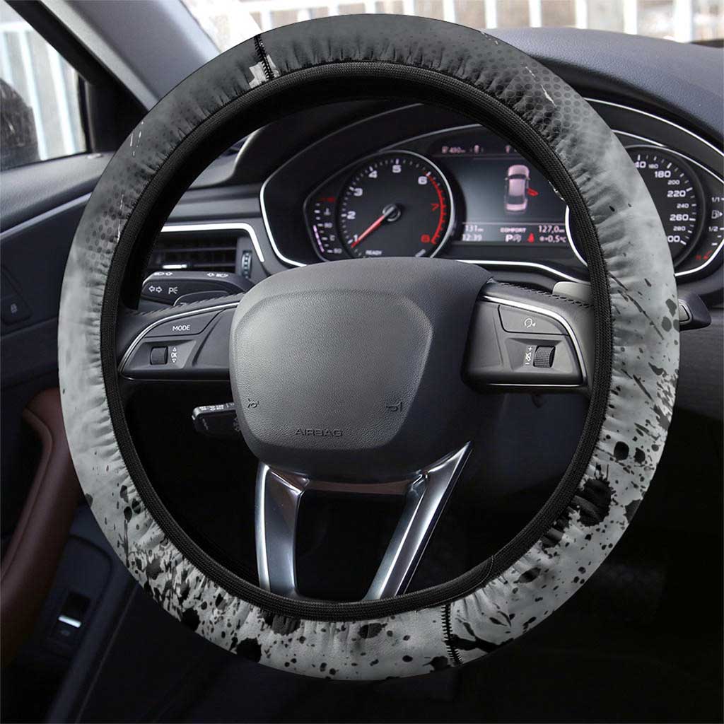 Chrollo Theme Gray Ink Splash Design Steering Wheel Cover with Cross Weapon and Monochrome Aura Artwork - The Mazicc