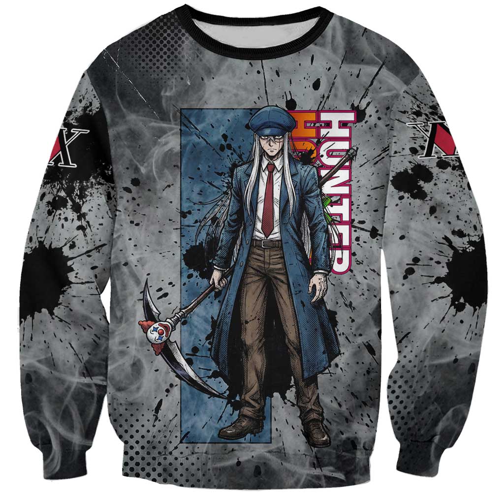 Chrollo Theme Gray Ink Splash Design Sweatshirt with Cross Weapon and Monochrome Aura Artwork - The Mazicc