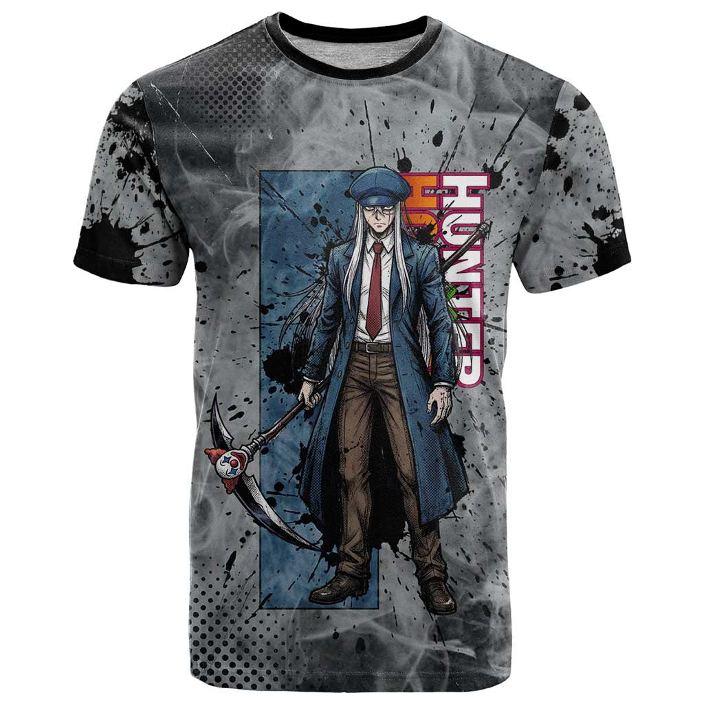 Chrollo Theme Gray Ink Splash Design T Shirt with Cross Weapon and Monochrome Aura Artwork - The Mazicc