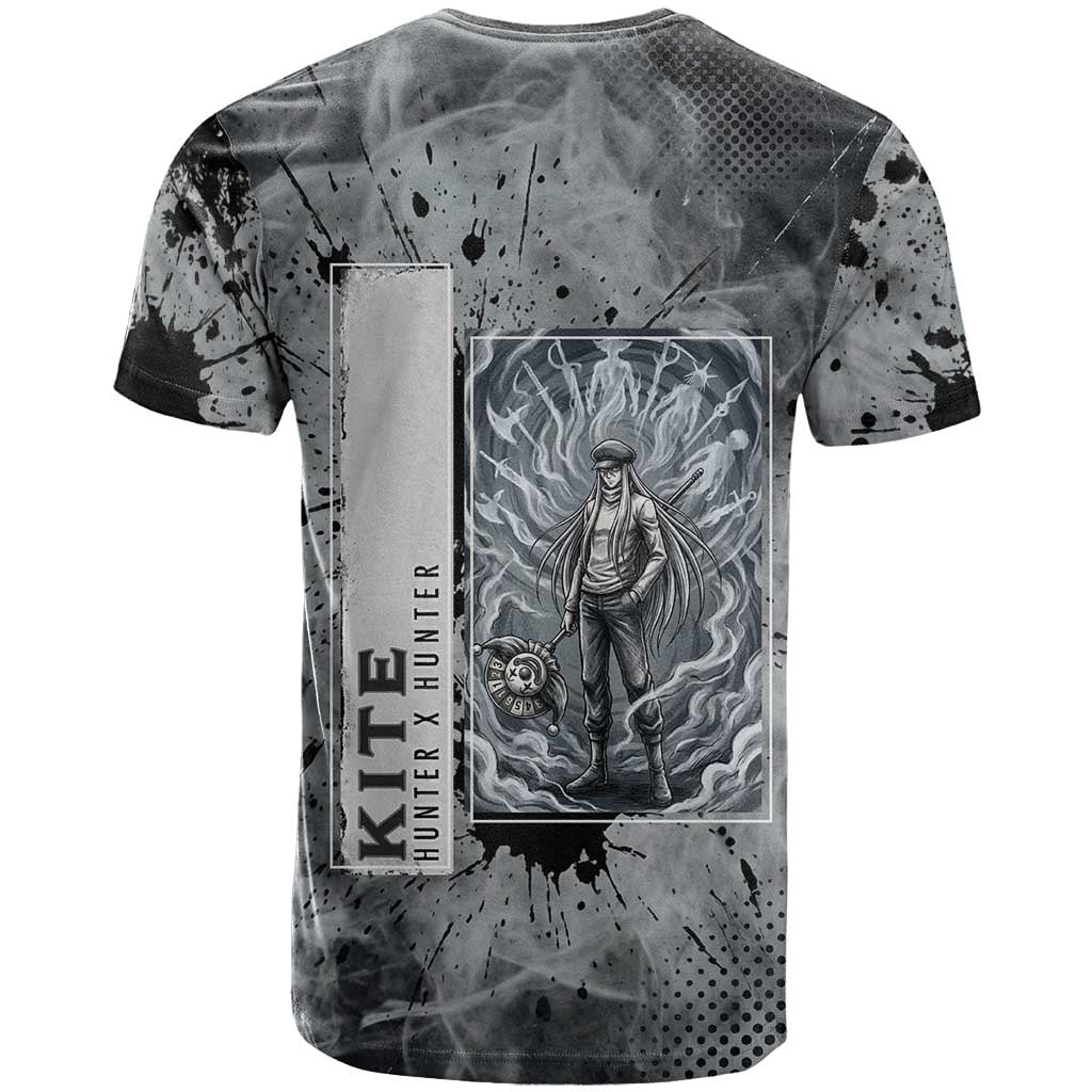 Chrollo Theme Gray Ink Splash Design T Shirt with Cross Weapon and Monochrome Aura Artwork - The Mazicc