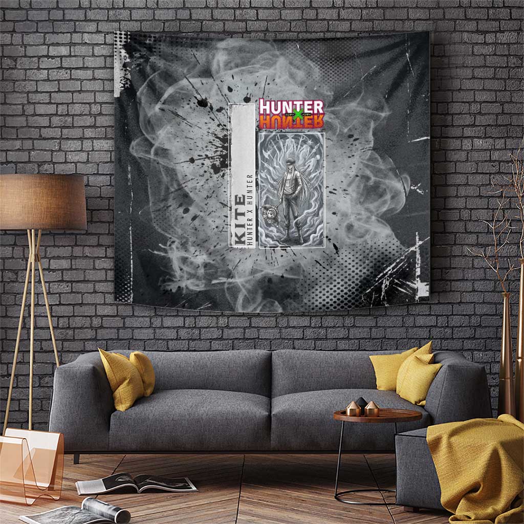 Chrollo Theme Gray Ink Splash Design Tapestry with Cross Weapon and Monochrome Aura Artwork - The Mazicc