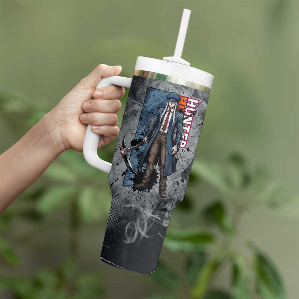 Chrollo Theme Gray Ink Splash Design Tumbler With Handle with Cross Weapon and Monochrome Aura Artwork - The Mazicc