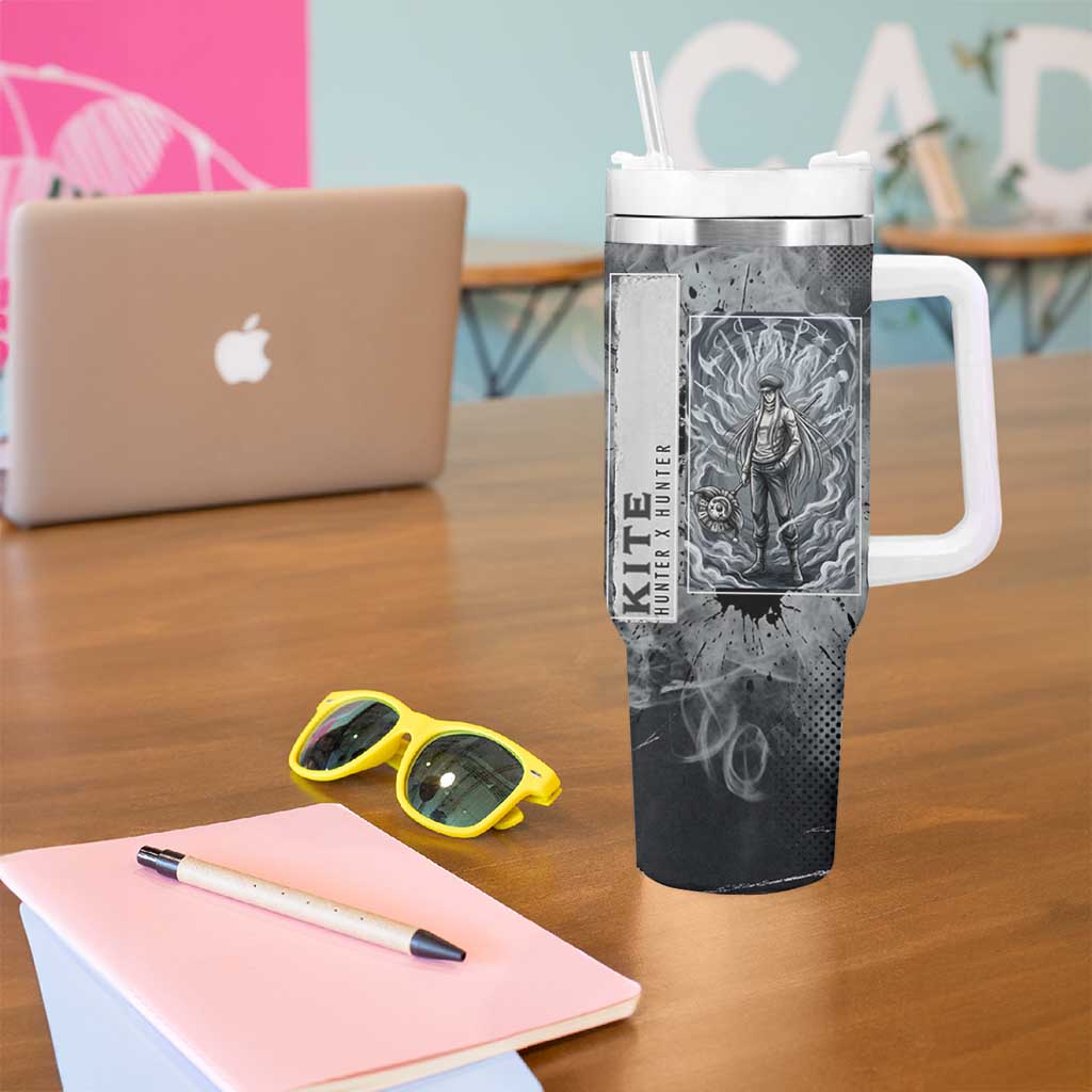 Chrollo Theme Gray Ink Splash Design Tumbler With Handle with Cross Weapon and Monochrome Aura Artwork - The Mazicc
