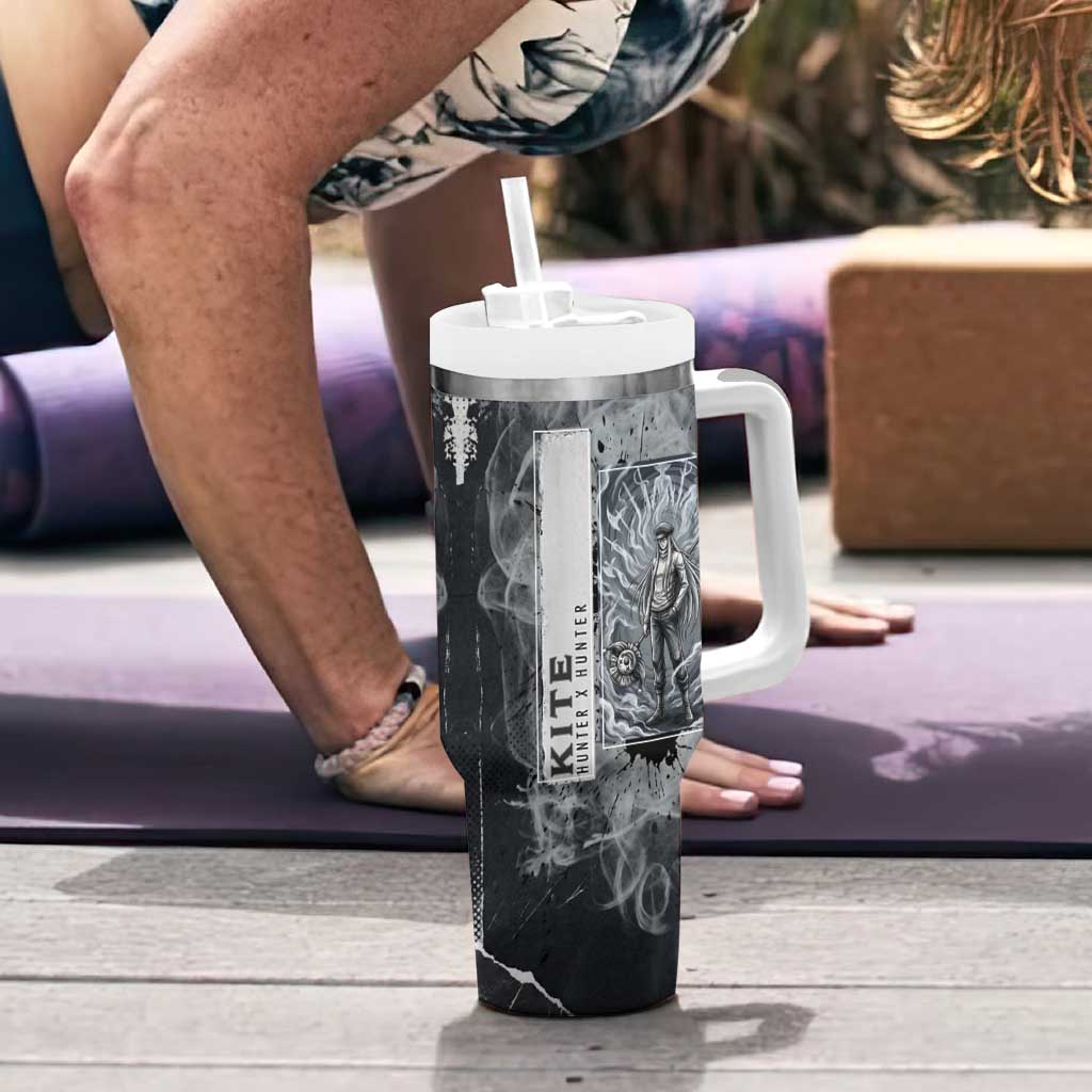 Chrollo Theme Gray Ink Splash Design Tumbler With Handle with Cross Weapon and Monochrome Aura Artwork - The Mazicc