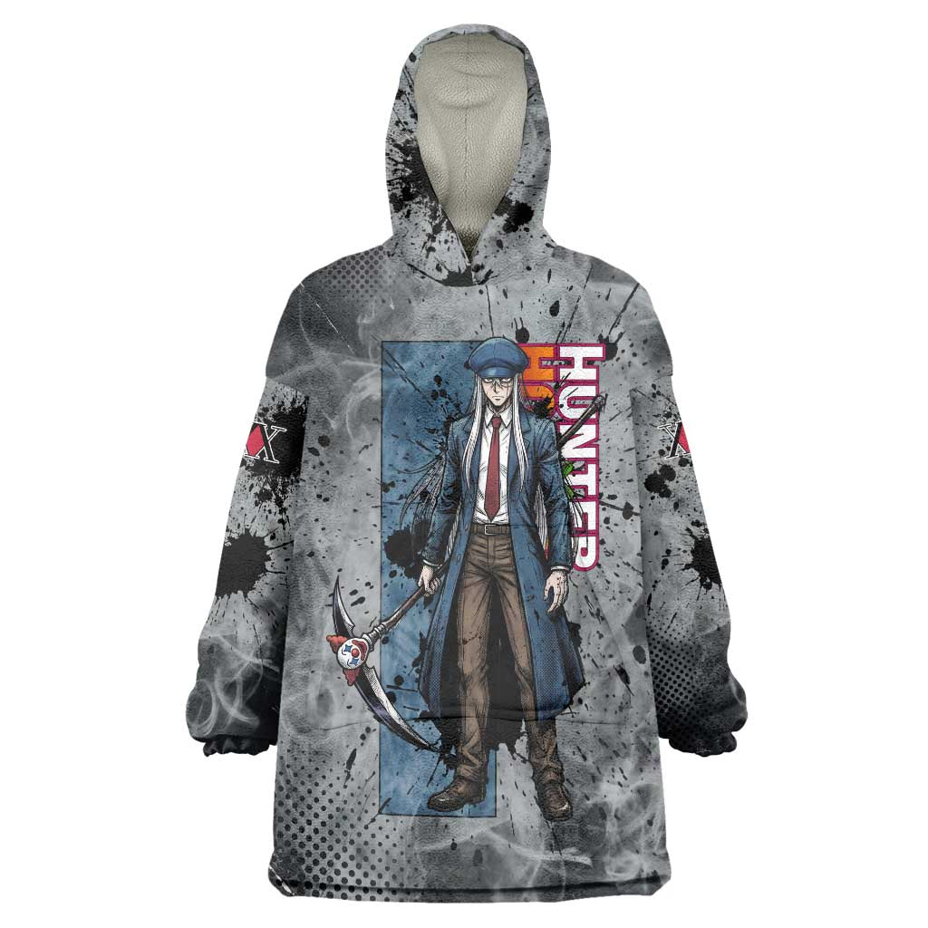 Chrollo Theme Gray Ink Splash Design Wearable Blanket Hoodie with Cross Weapon and Monochrome Aura Artwork - The Mazicc