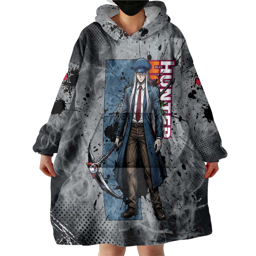 Chrollo Theme Gray Ink Splash Design Wearable Blanket Hoodie with Cross Weapon and Monochrome Aura Artwork - The Mazicc