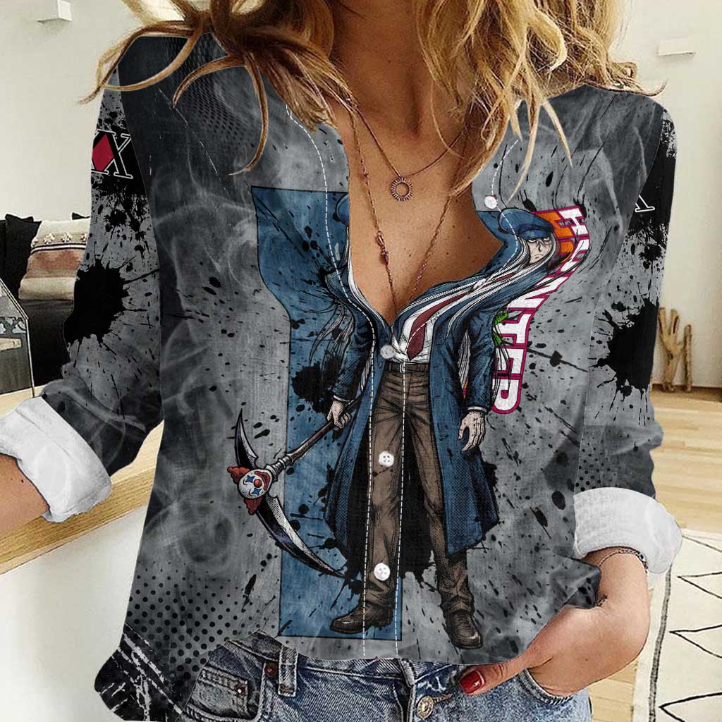 Chrollo Theme Gray Ink Splash Design Women Casual Shirt with Cross Weapon and Monochrome Aura Artwork - The Mazicc