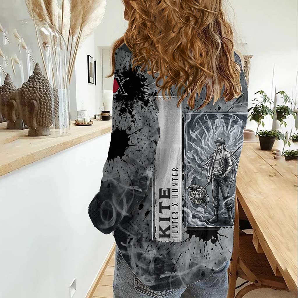 Chrollo Theme Gray Ink Splash Design Women Casual Shirt with Cross Weapon and Monochrome Aura Artwork - The Mazicc