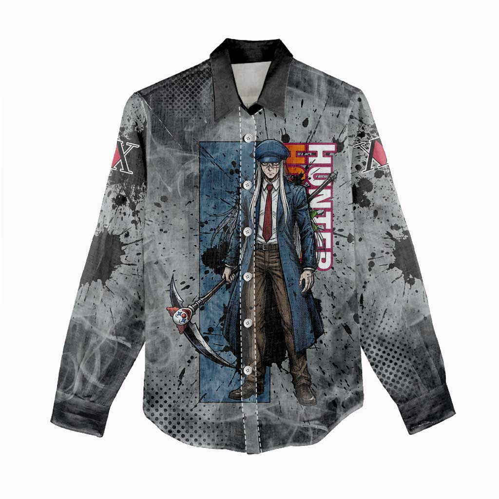 Chrollo Theme Gray Ink Splash Design Women Casual Shirt with Cross Weapon and Monochrome Aura Artwork - The Mazicc