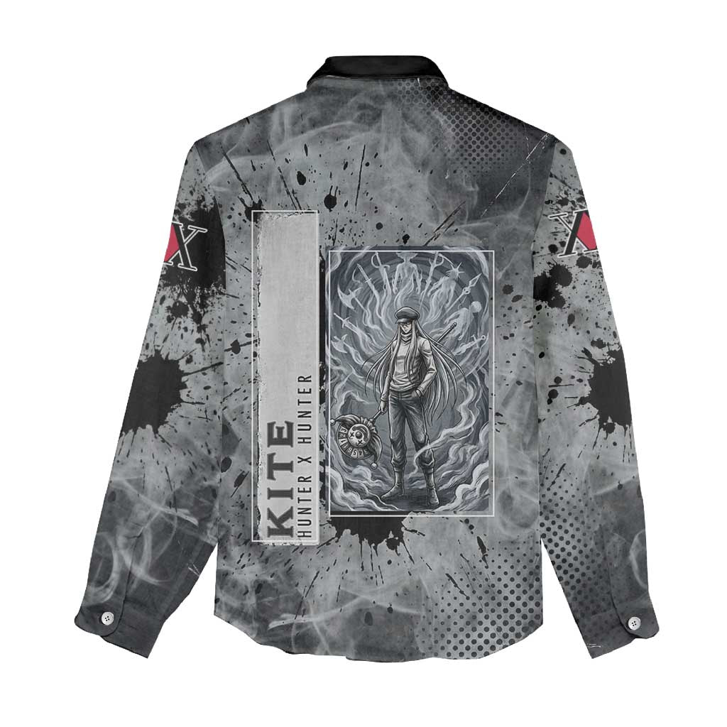 Chrollo Theme Gray Ink Splash Design Women Casual Shirt with Cross Weapon and Monochrome Aura Artwork - The Mazicc