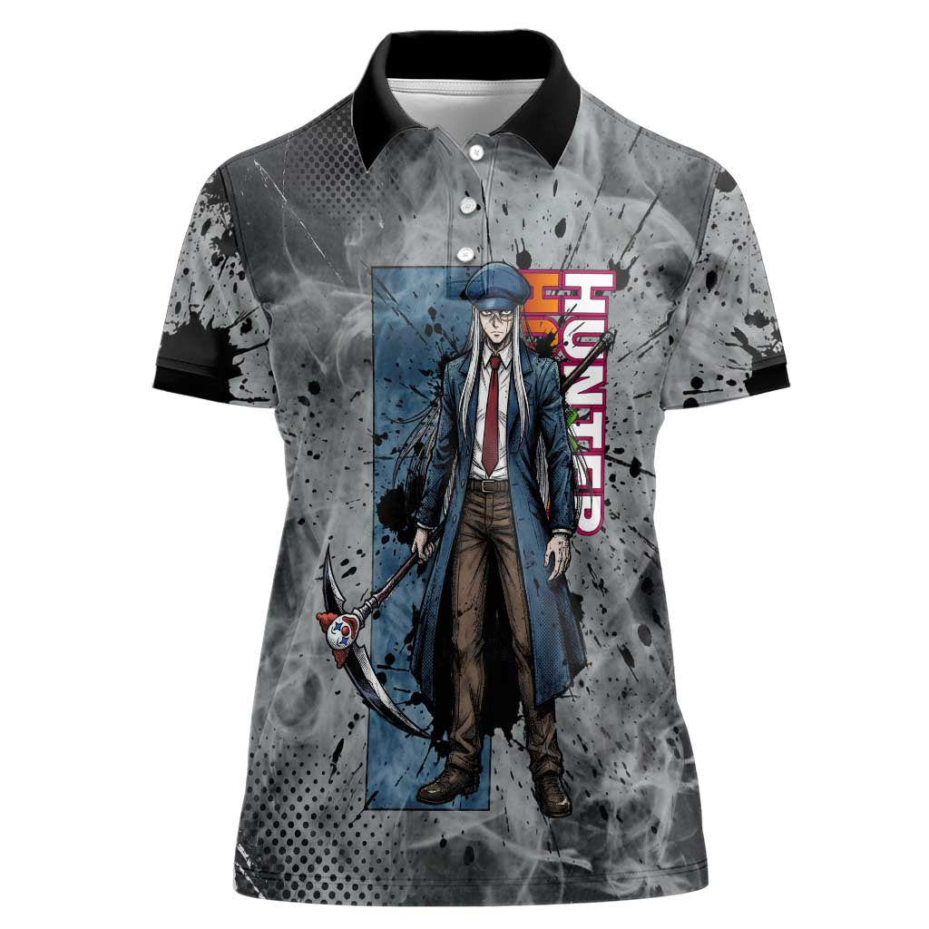 Chrollo Theme Gray Ink Splash Design Women Polo Shirt with Cross Weapon and Monochrome Aura Artwork - The Mazicc