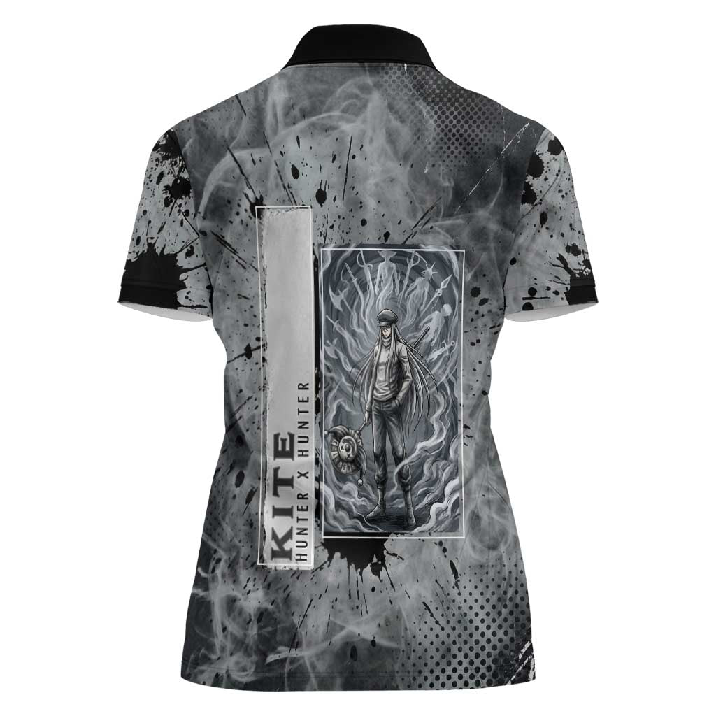 Chrollo Theme Gray Ink Splash Design Women Polo Shirt with Cross Weapon and Monochrome Aura Artwork - The Mazicc