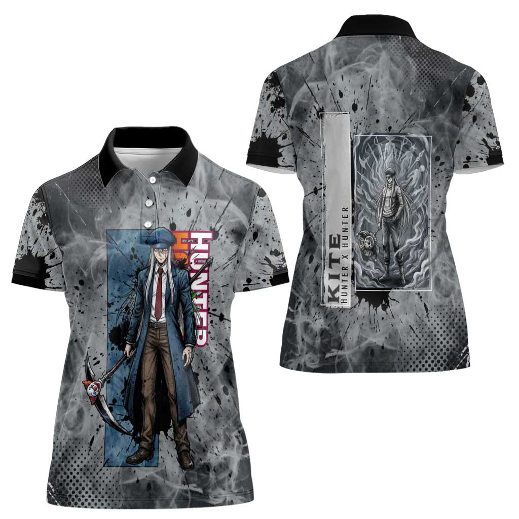 Chrollo Theme Gray Ink Splash Design Women Polo Shirt with Cross Weapon and Monochrome Aura Artwork - The Mazicc