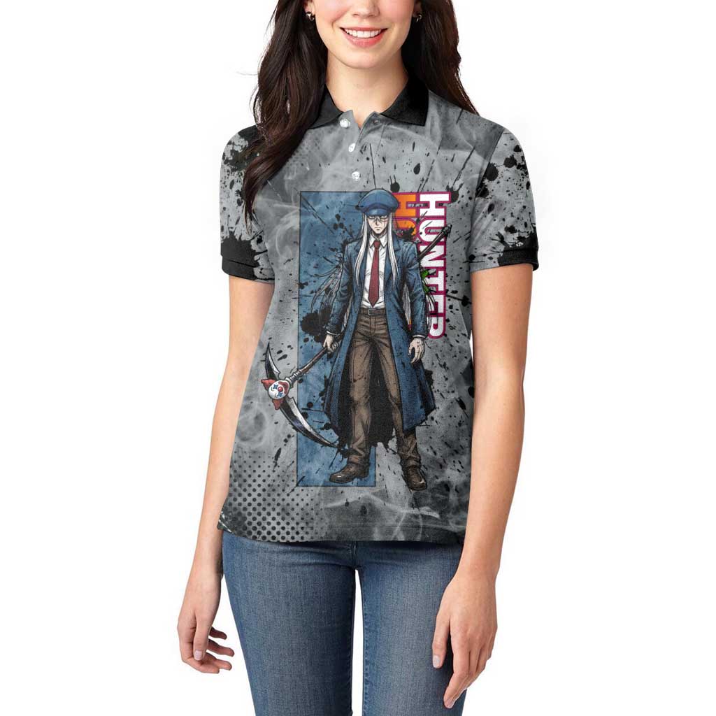 Chrollo Theme Gray Ink Splash Design Women Polo Shirt with Cross Weapon and Monochrome Aura Artwork - The Mazicc