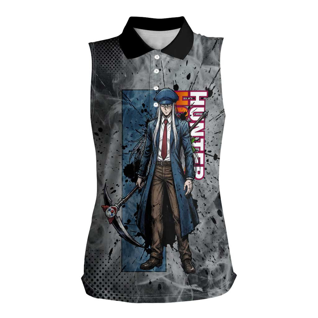 Chrollo Theme Gray Ink Splash Design Women Sleeveless Polo Shirt with Cross Weapon and Monochrome Aura Artwork - The Mazicc