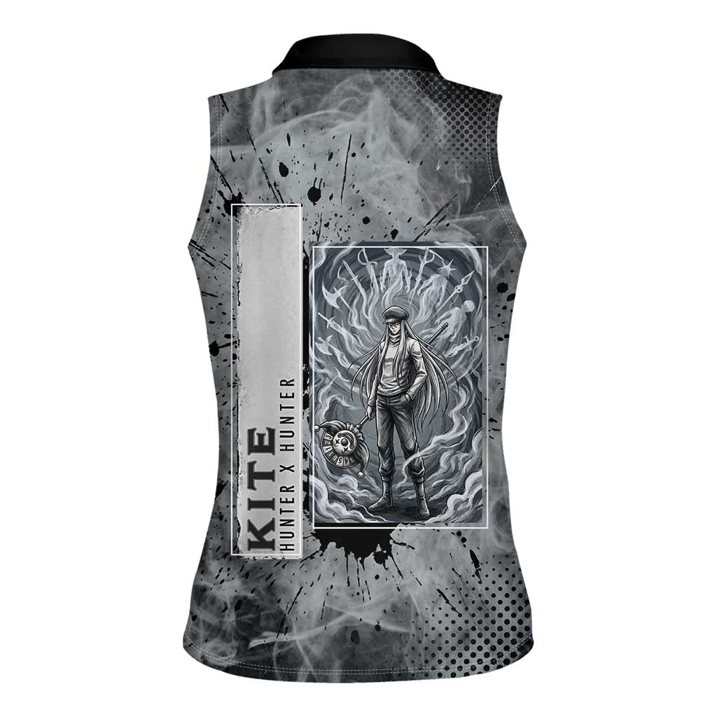 Chrollo Theme Gray Ink Splash Design Women Sleeveless Polo Shirt with Cross Weapon and Monochrome Aura Artwork - The Mazicc