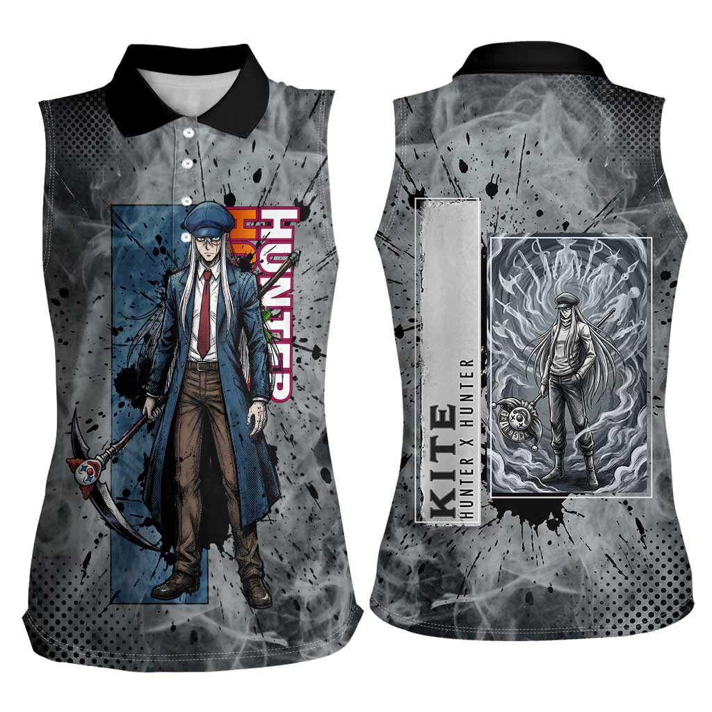 Chrollo Theme Gray Ink Splash Design Women Sleeveless Polo Shirt with Cross Weapon and Monochrome Aura Artwork - The Mazicc