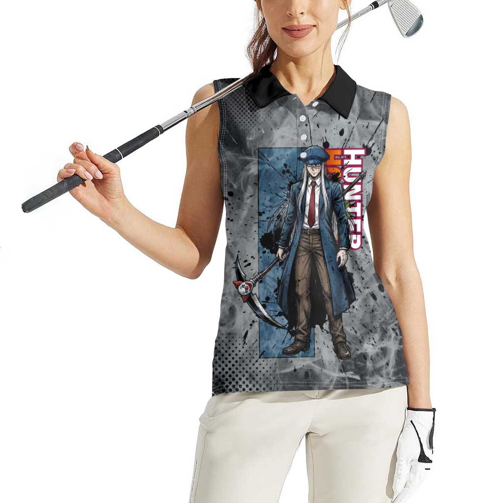Chrollo Theme Gray Ink Splash Design Women Sleeveless Polo Shirt with Cross Weapon and Monochrome Aura Artwork - The Mazicc