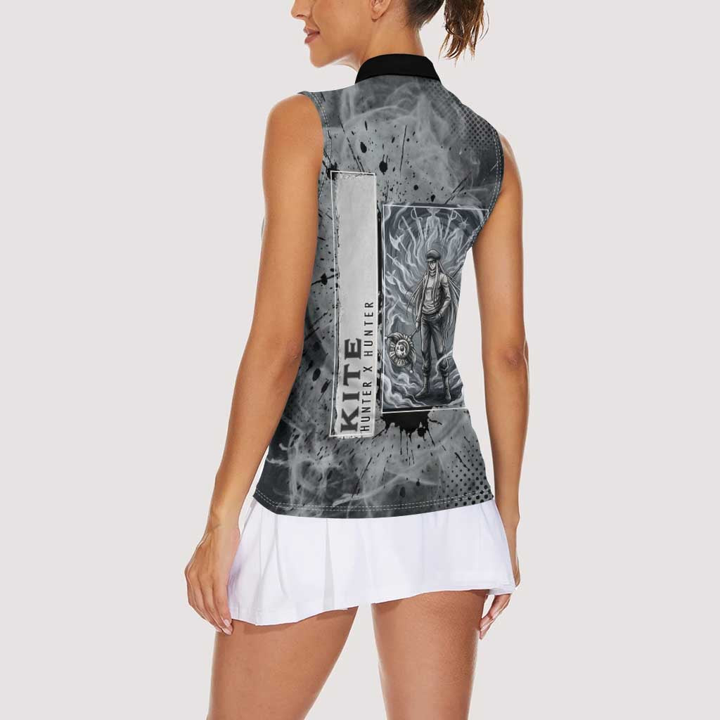 Chrollo Theme Gray Ink Splash Design Women Sleeveless Polo Shirt with Cross Weapon and Monochrome Aura Artwork - The Mazicc