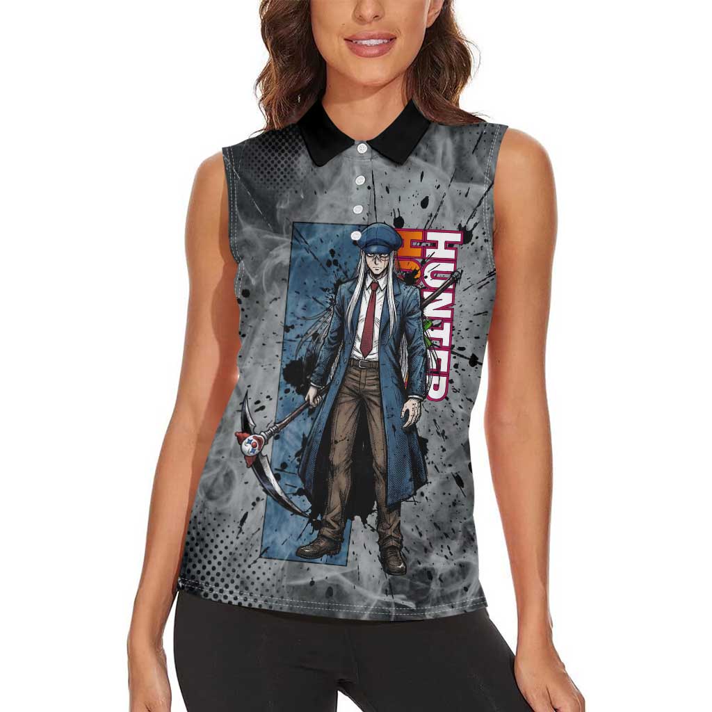 Chrollo Theme Gray Ink Splash Design Women Sleeveless Polo Shirt with Cross Weapon and Monochrome Aura Artwork - The Mazicc