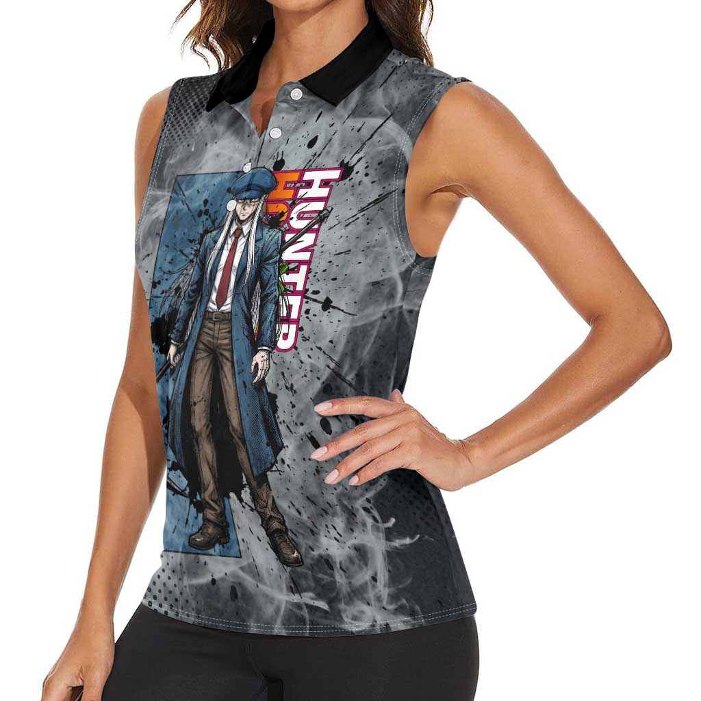 Chrollo Theme Gray Ink Splash Design Women Sleeveless Polo Shirt with Cross Weapon and Monochrome Aura Artwork - The Mazicc