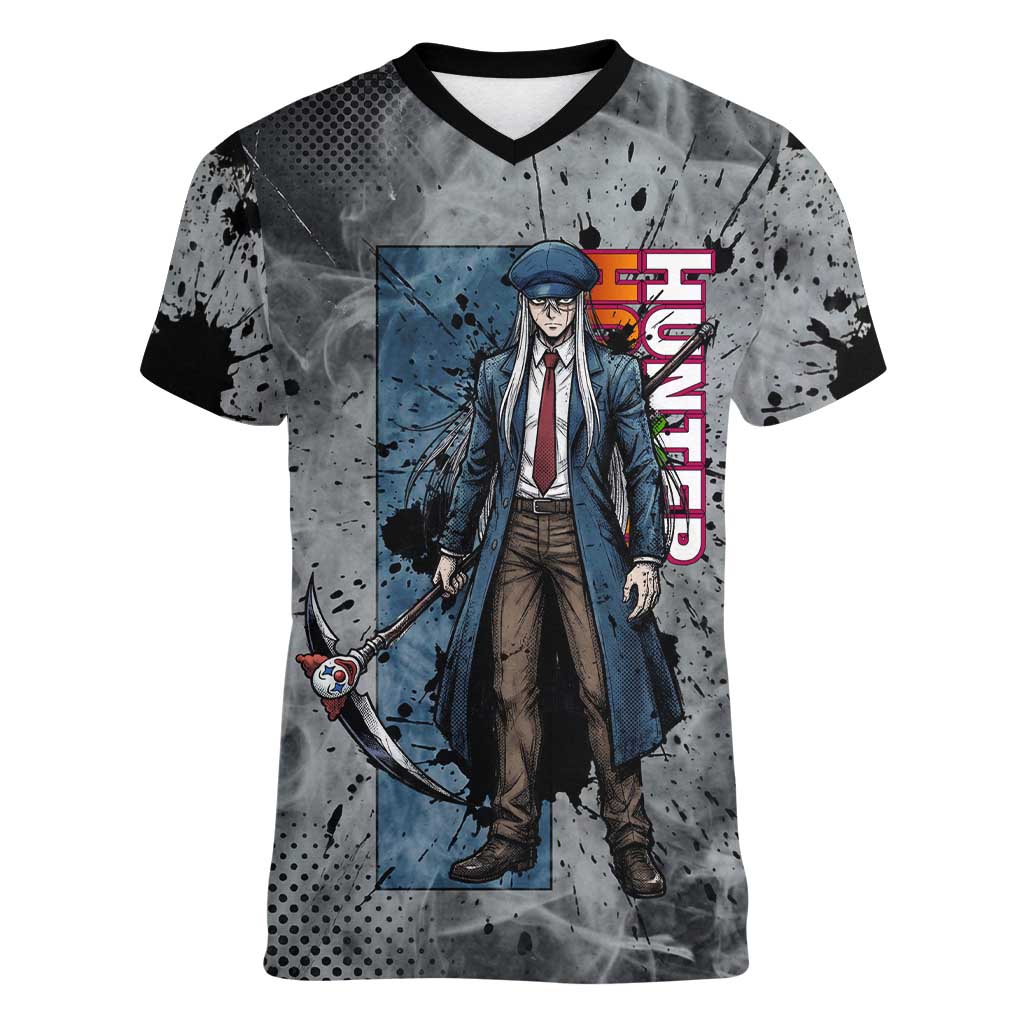 Chrollo Theme Gray Ink Splash Design Women V-Neck T-Shirt with Cross Weapon and Monochrome Aura Artwork - The Mazicc