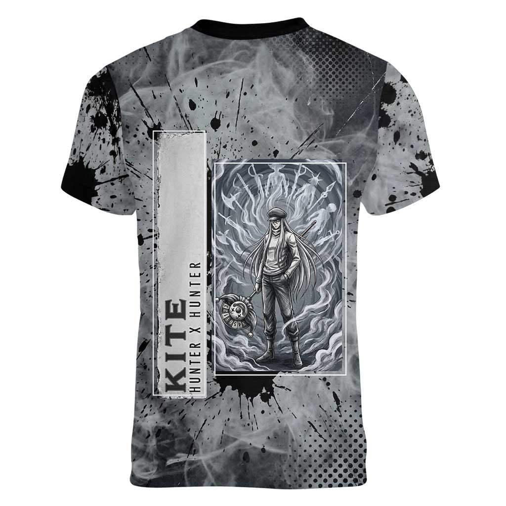 Chrollo Theme Gray Ink Splash Design Women V-Neck T-Shirt with Cross Weapon and Monochrome Aura Artwork - The Mazicc