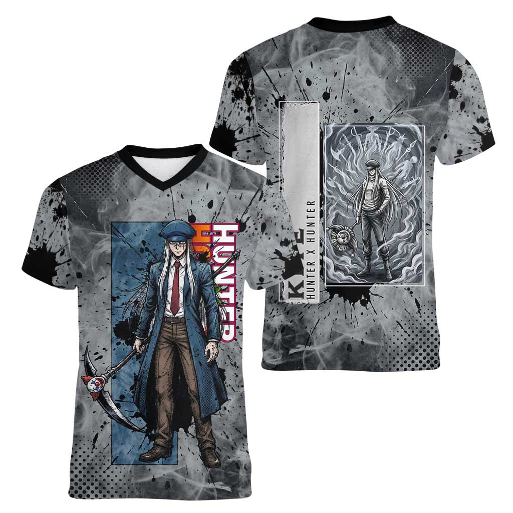 Chrollo Theme Gray Ink Splash Design Women V-Neck T-Shirt with Cross Weapon and Monochrome Aura Artwork - The Mazicc