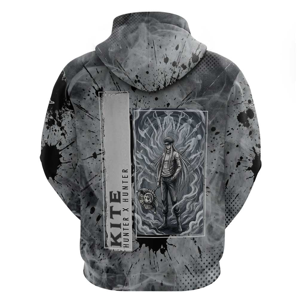 Chrollo Theme Gray Ink Splash Design Zip Hoodie with Cross Weapon and Monochrome Aura Artwork - The Mazicc